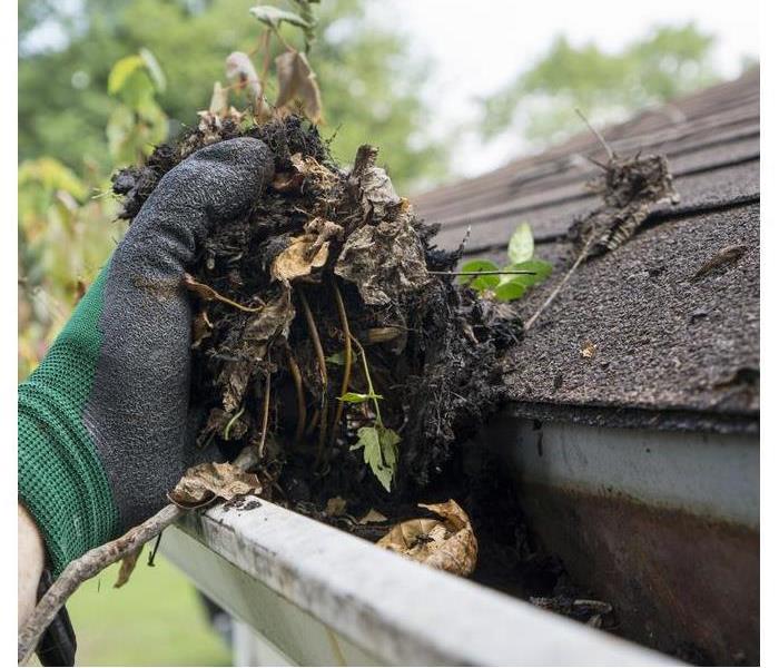 Hand with a glove cleaning a clogged gutter